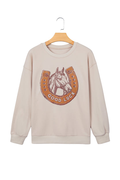 Beige GOOD LUCK Western Horse Print Oversized Pullover Sweatshirt