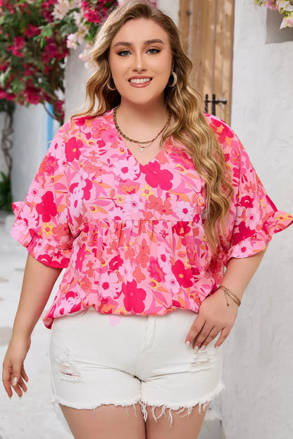 Rose Floral Print Ruffled Half Sleeve Plus Size Babydoll Blouse - Chic Meadow Boutique 