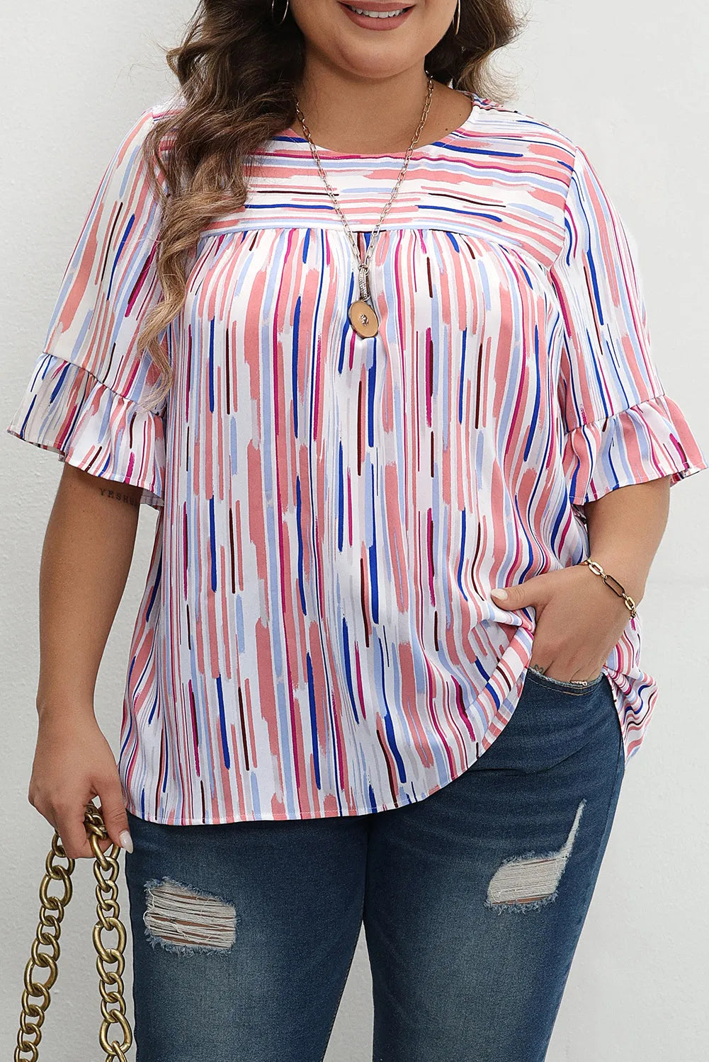 White Stripe Ruffled Short Sleeve Plus Size Blouse - Chic Meadow Boutique 