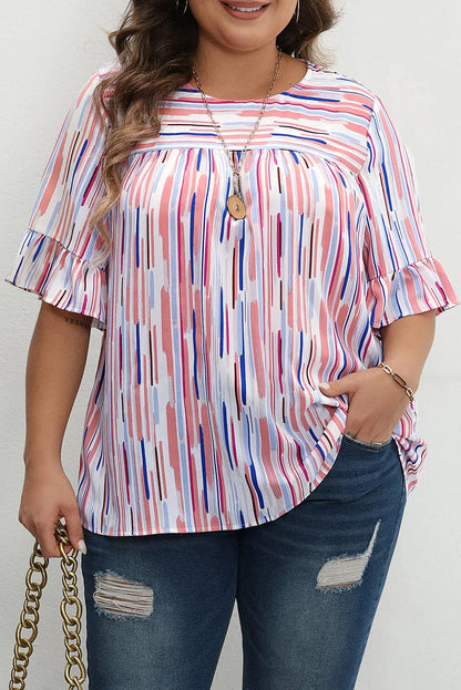 White Stripe Ruffled Short Sleeve Plus Size Blouse - Chic Meadow Boutique 