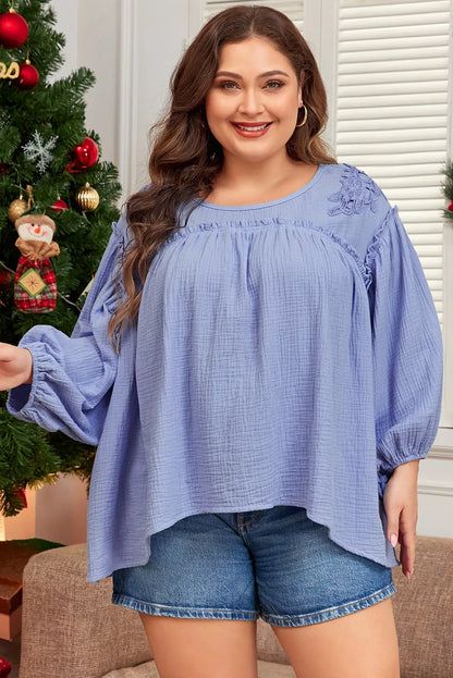 Beau Blue Plus Size Crochet Bracelet Sleeve Babydoll Blouse - Chic Meadow Boutique 