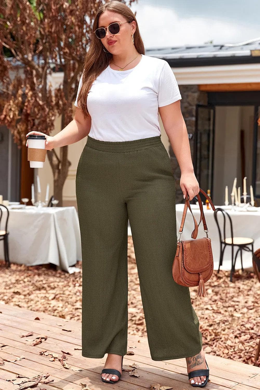 Plus Size/Plus Size Bottoms Jungle Green Plus Size Textured Shirred High Waist Casual Pants