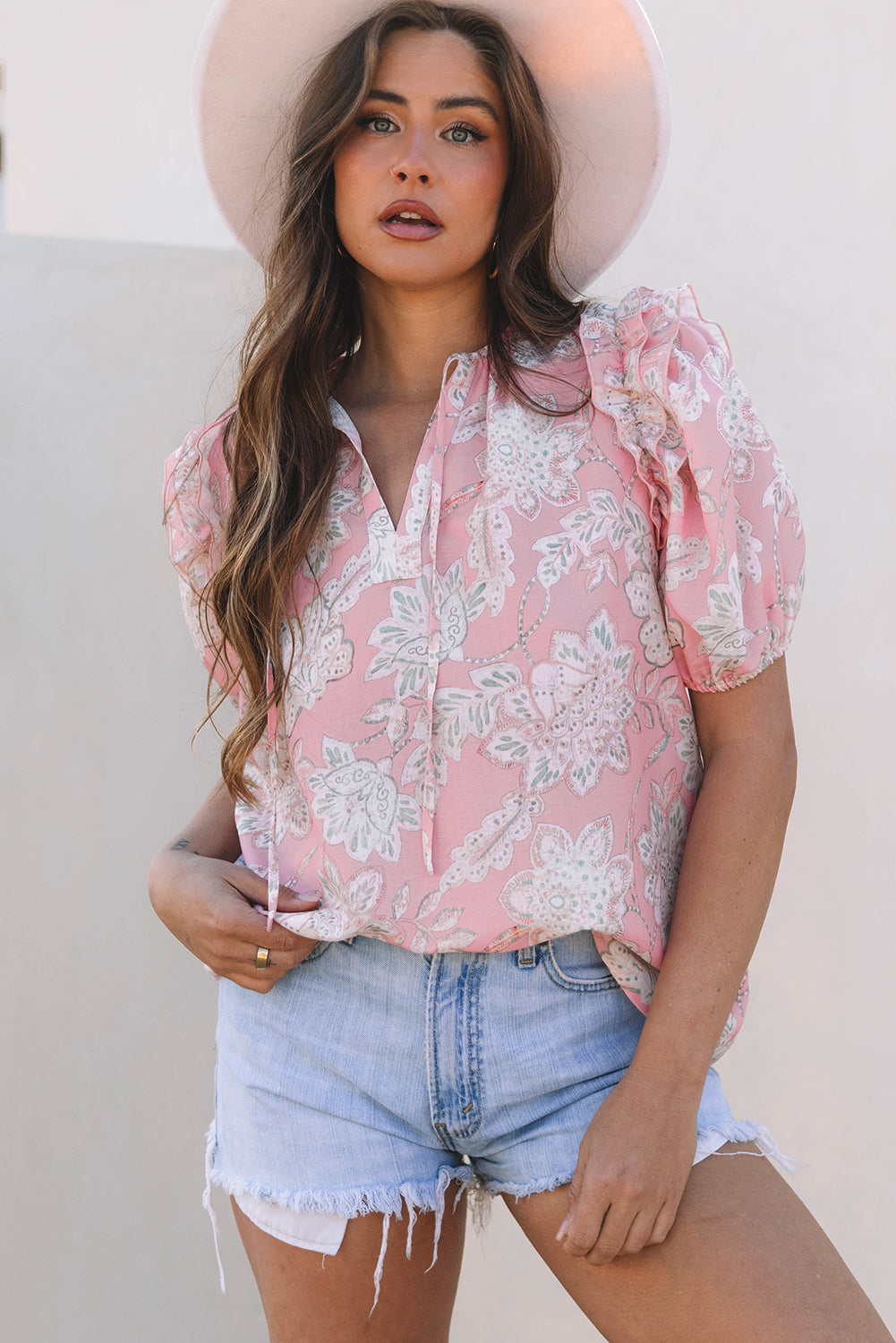Pink Floral Print Drawstring V Neck Puff Sleeve Loose Blouse