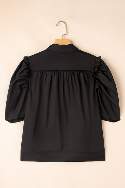 Black Frilly Puff Sleeve Stylish Collared Shirt
