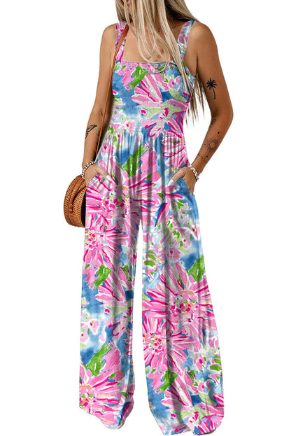 Pink Abstract Floral Painting Smocked Wide Leg Jumpsuit - Chic Meadow Boutique 