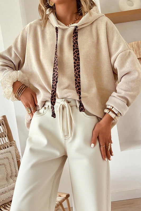 Parchment Thermal Textured Leopard Drawstring Baggy Hoodie
