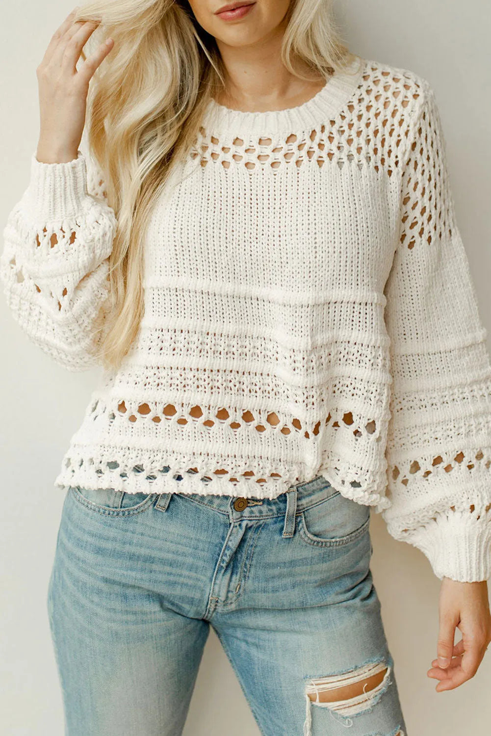 Tops/Sweaters & Cardigans White / S / 60%Cotton+40%Acrylic White Solid Color Pointelle Knit Puff Sleeve Sweater