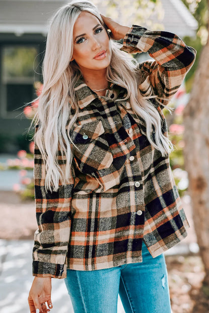 Orange Geometric Plaid Print Pocketed Shacket - Chic Meadow Boutique 