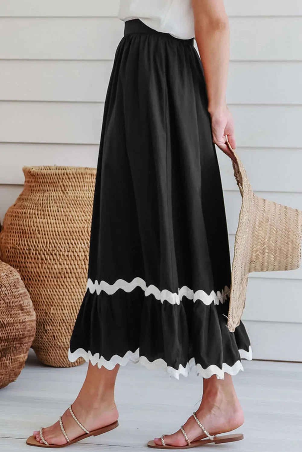 Black Ricrac Trim Colorblock High Waist Long Skirt - Chic Meadow Boutique 