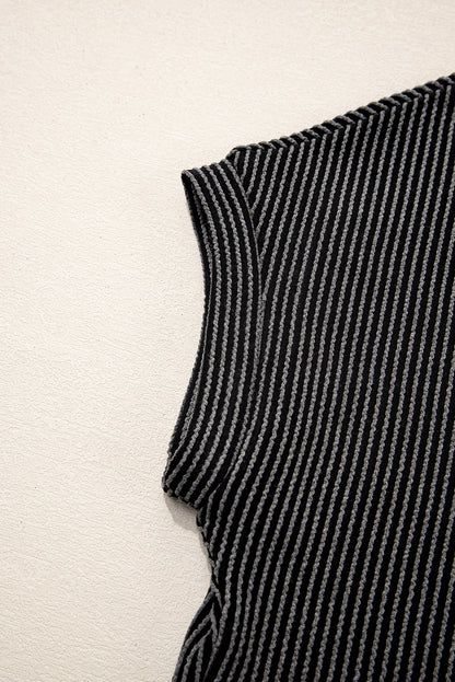 Carbon Grey Corded Knit Color Block Pocketed Crew Neck T Shirt