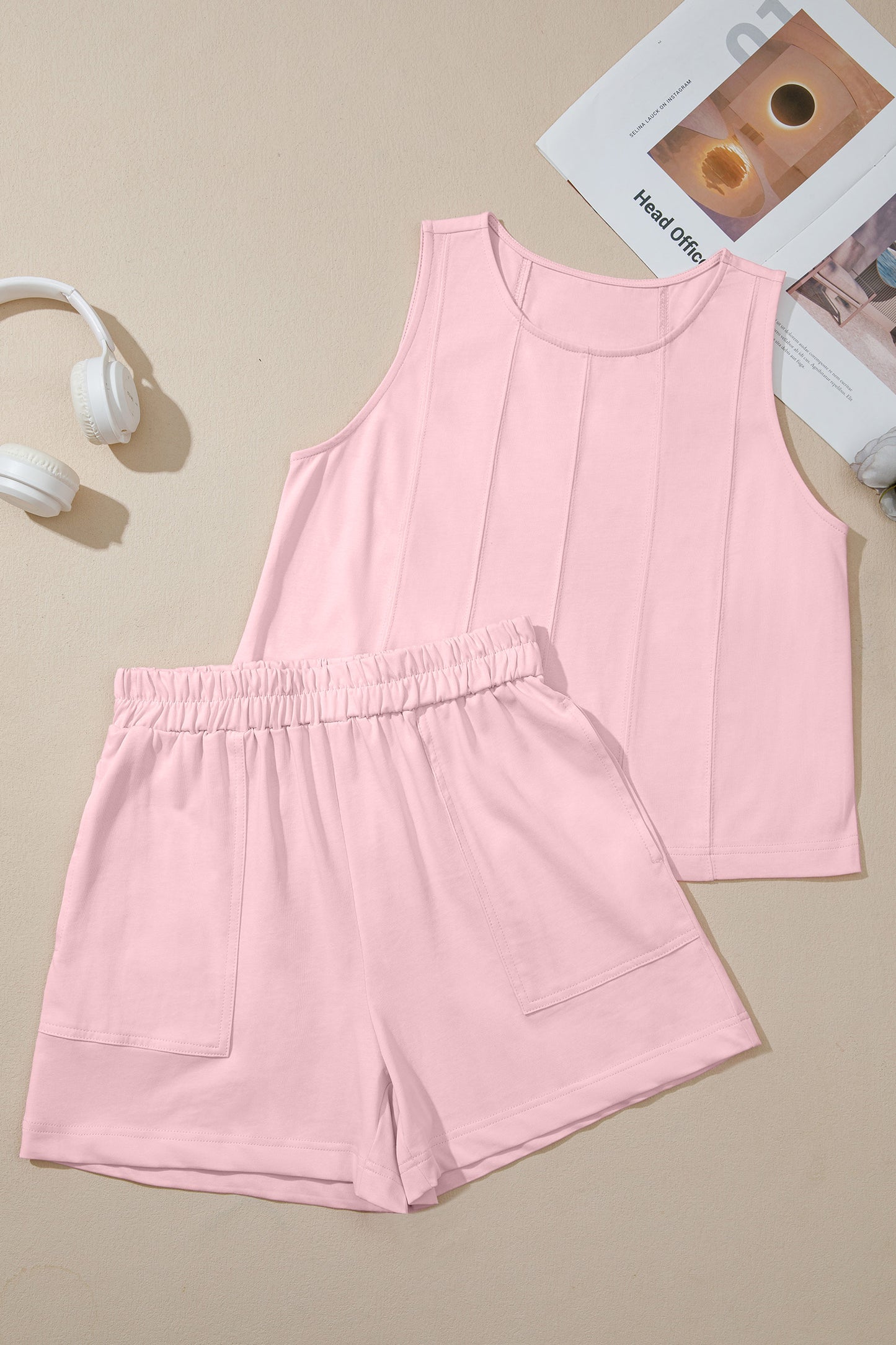 Pink Stitched Detail Loose Tank Top Cotton 2pcs Short Set