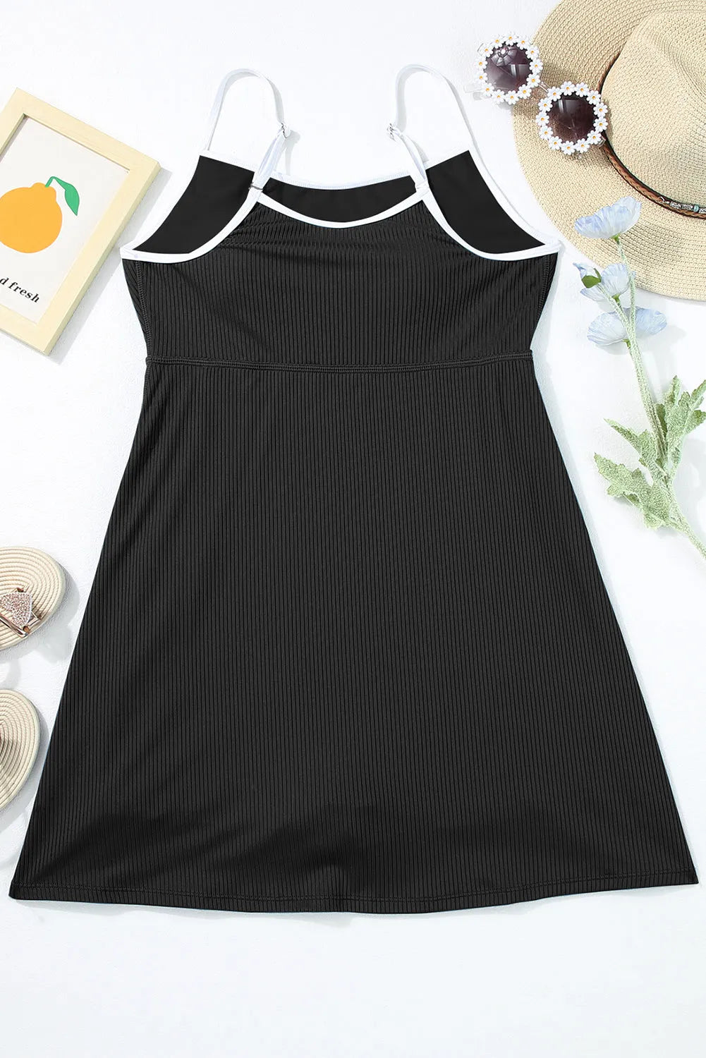 Black Sporty Ribbed Spaghetti Straps One Piece Swimdress - Chic Meadow Boutique 