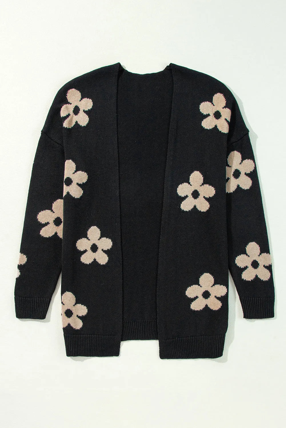 Black Floral Print Knitted Open Front Loose Cardigan - Chic Meadow Boutique 