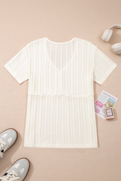 White Solid Color Textured Button V Neck Raw Seam Henley Tee