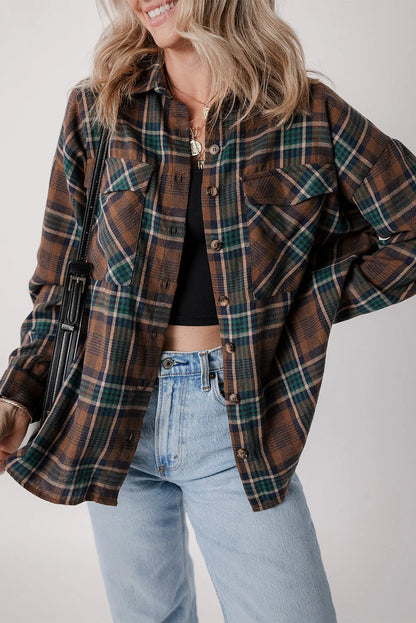 Brown Plaid Print Chest Pockets Buttoned Shirt Jacket - Chic Meadow Boutique 