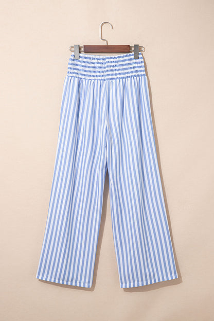 Sky Blue Stripe Shirred High Waist Loose Summer Pants