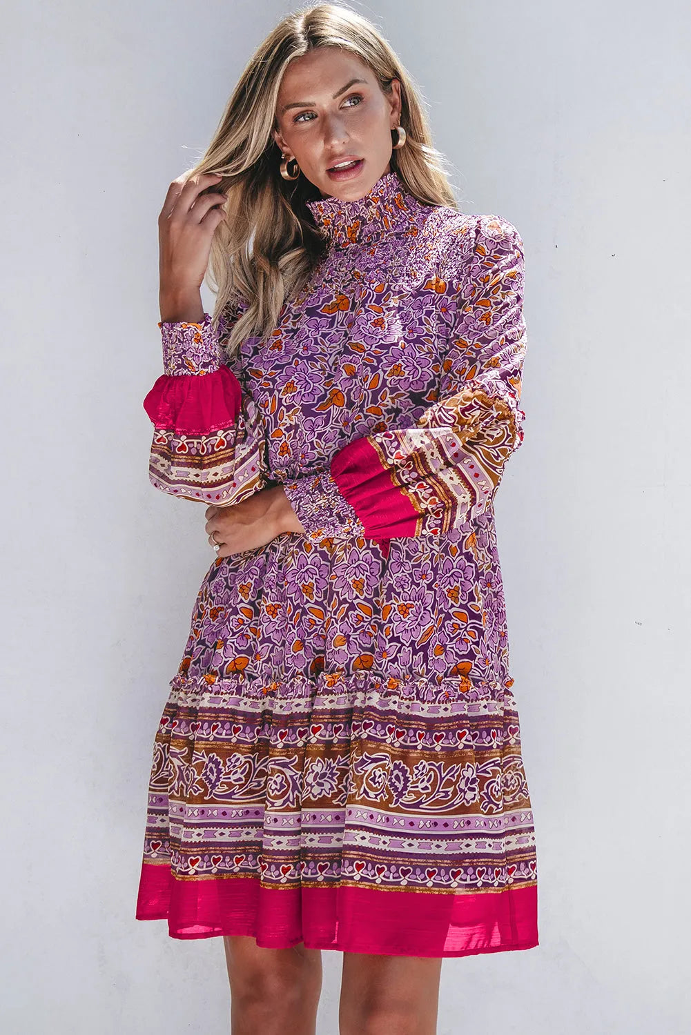 Purple Floral Smocked Puff Sleeve High Neck Mini Dress - Chic Meadow Boutique 