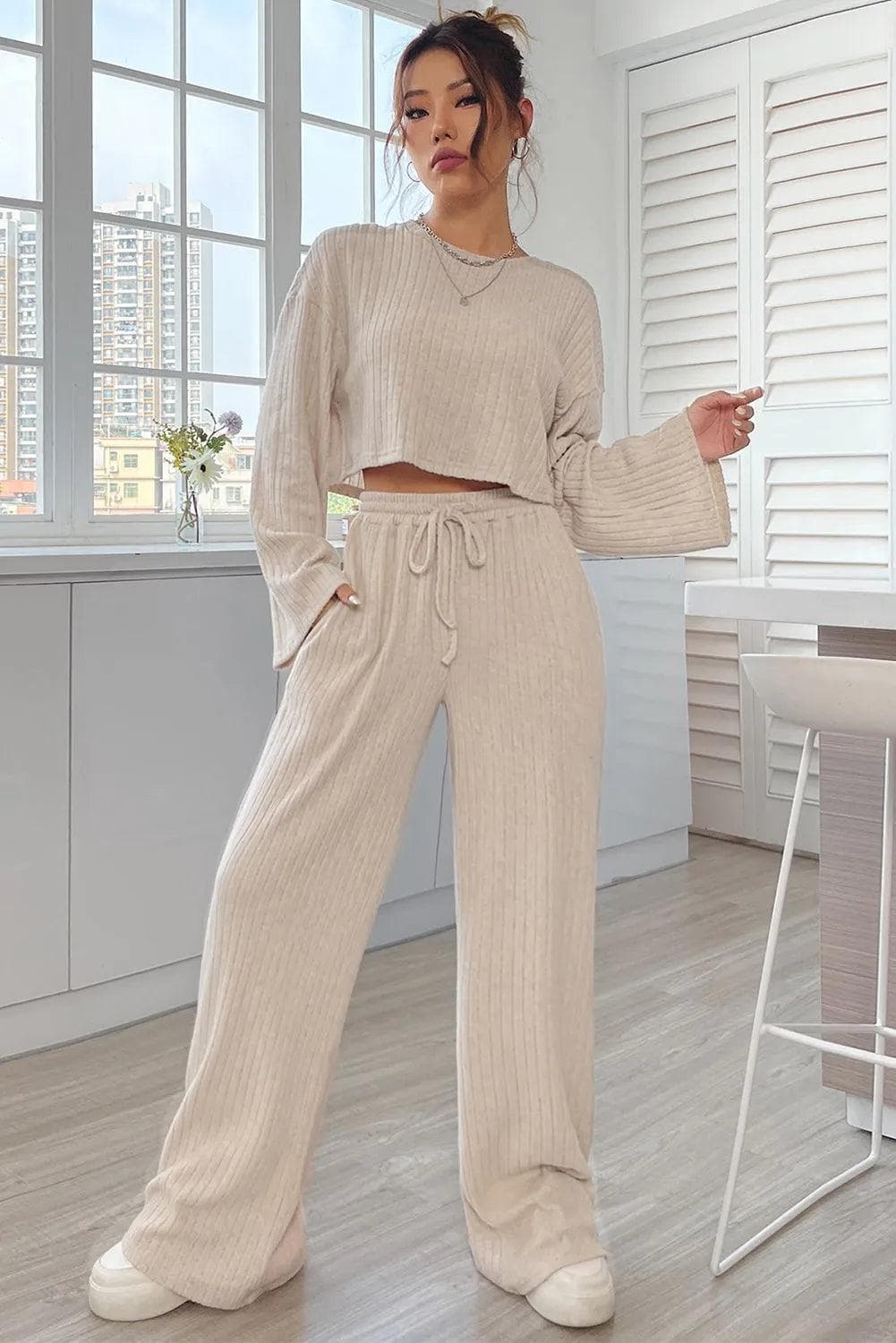 Two Piece Sets/Pant Sets Khaki Ribbed Knit Bell Sleeve Crop Top Drawstring Pants Set