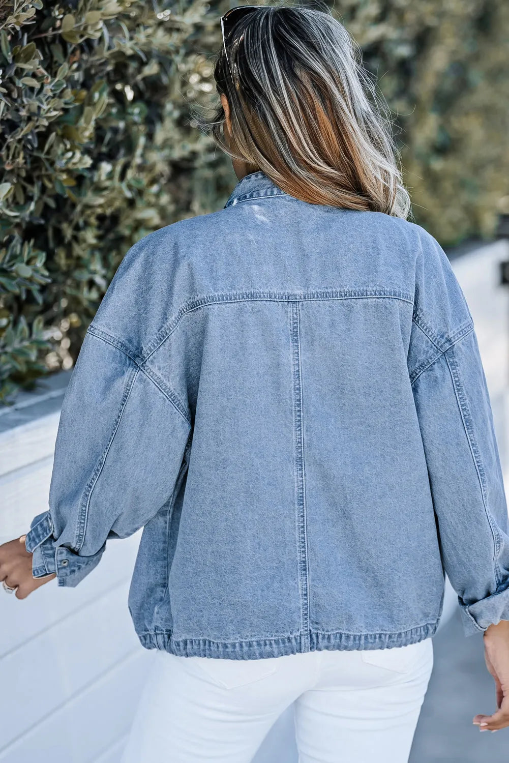 Sky Blue Roll-Up Tab Sleeve Button Down Pocket Denim Jacket - Chic Meadow Boutique 