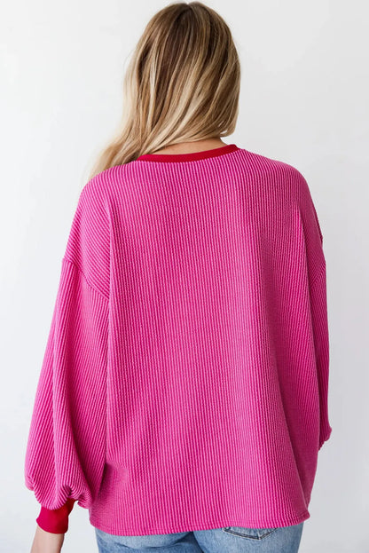 Bright Pink Corded Contrast Edge Drop Shoulder Long Sleeve Top - Chic Meadow Boutique 