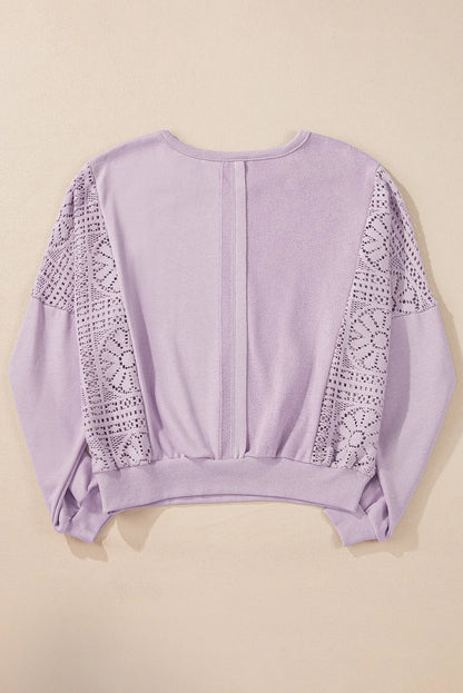 Orchid Petal Knit Crochet Exposed Seam Ribbed Trim Sweatshirt - Chic Meadow Boutique 