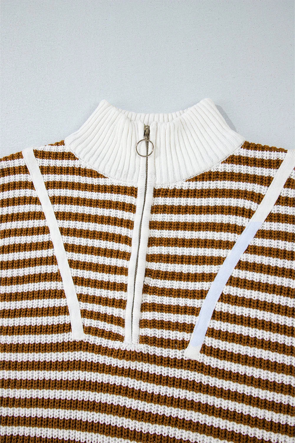 Khaki Stripe Zip up Collar Drop Shoulder Sweater - Chic Meadow Boutique 