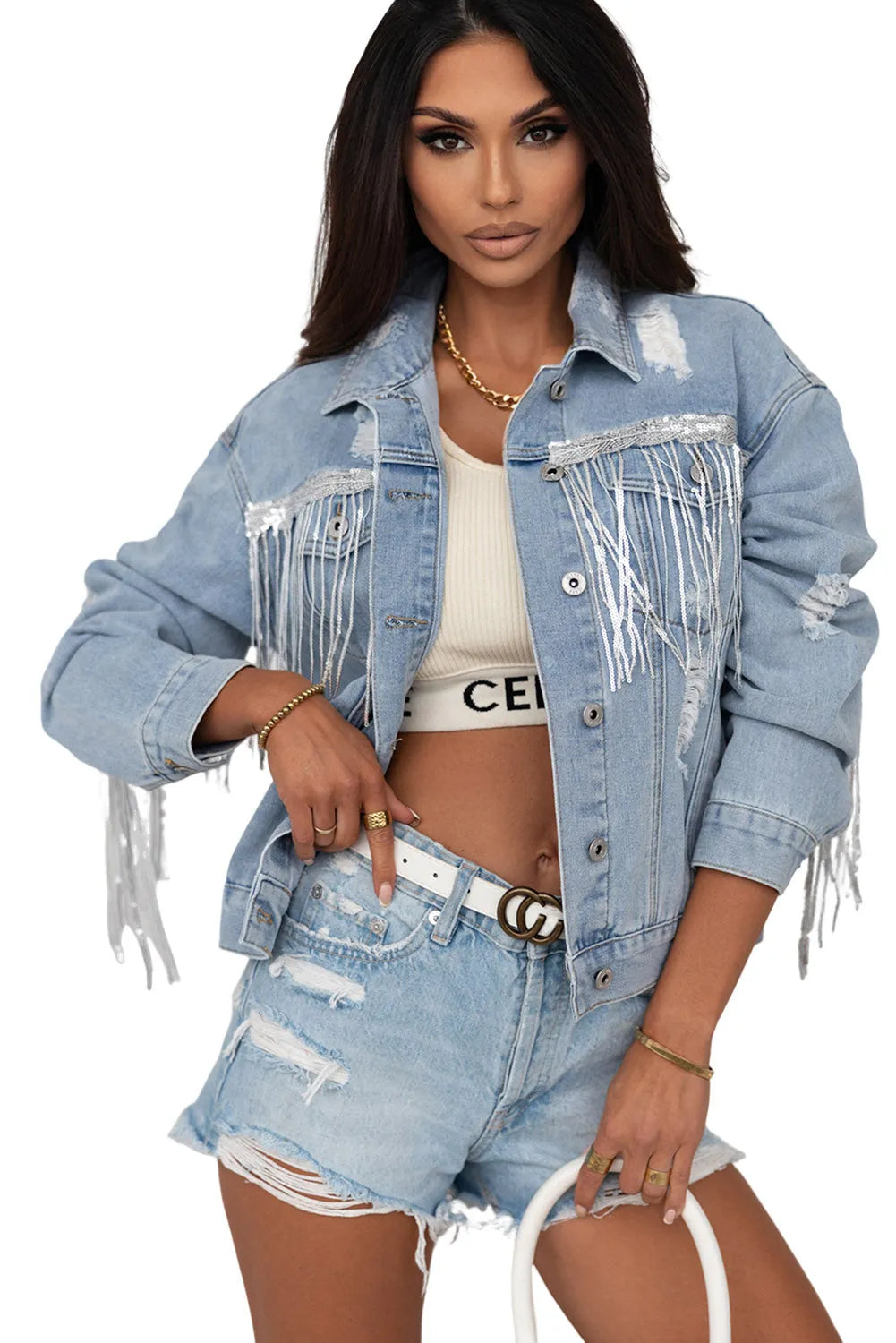 Sky Blue Sequin Embellished Fringe Distressed Denim Jacket - Chic Meadow Boutique 