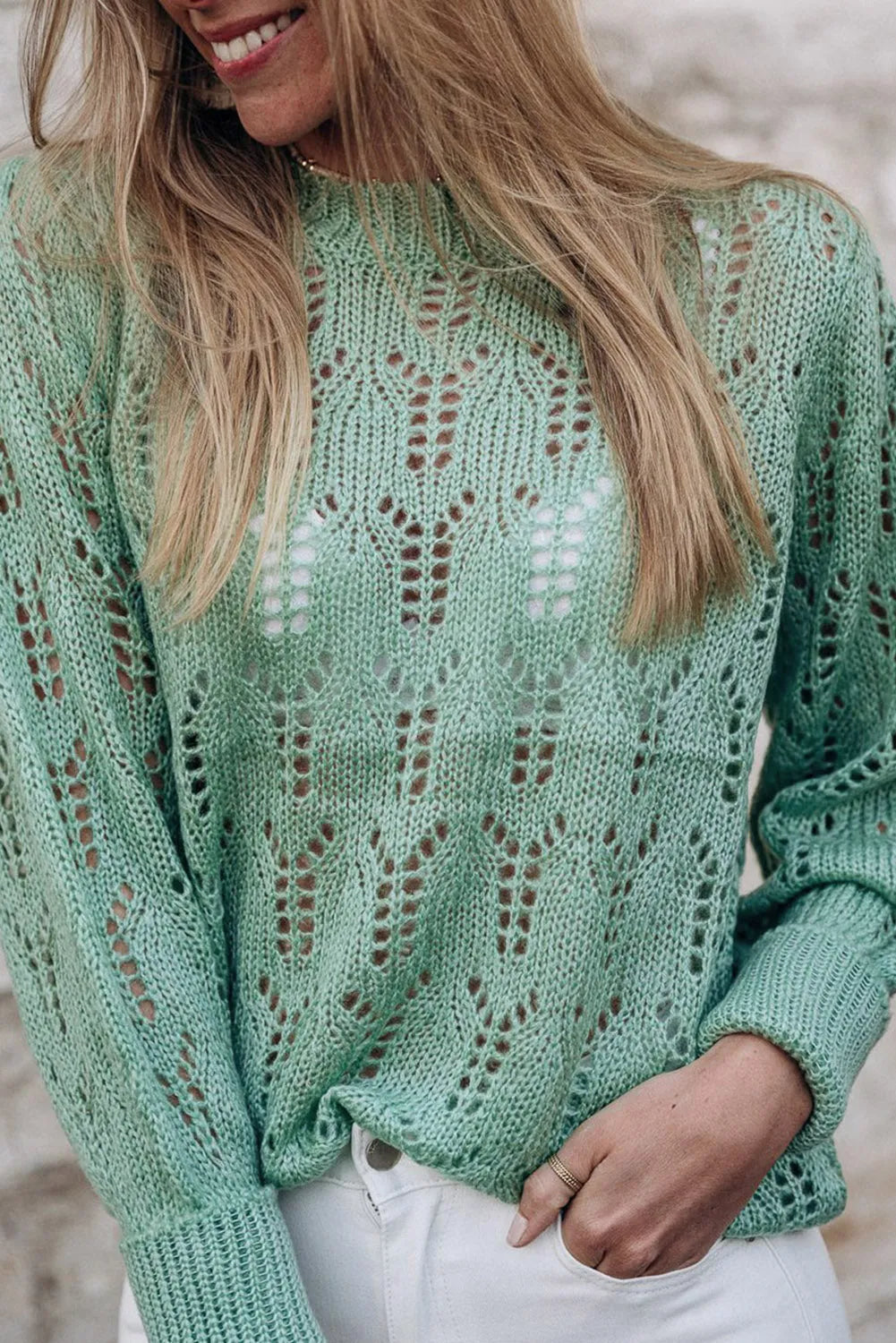 Green Sheer Knitted Pointelle Sweater - Chic Meadow Boutique 