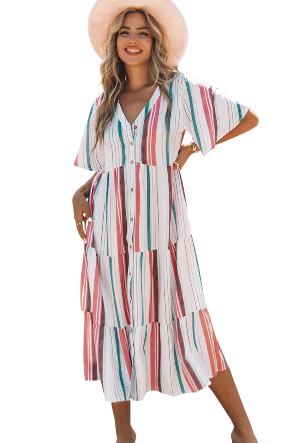 Serape Striped V Neck Buttoned Shirt Dress - Chic Meadow Boutique 