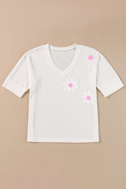 White Flower Applique Texture Knitted V Neck Top - Chic Meadow Boutique 