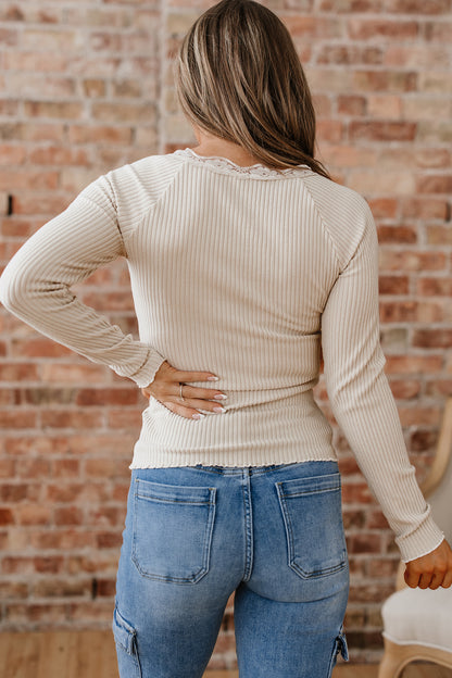 Beige Lace Neckline Button Decor Lettuce Edge Long Sleeve Ribbed Top