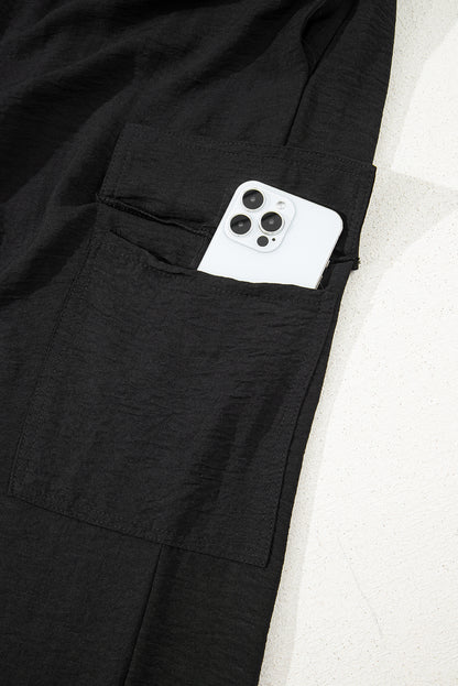 Black Drawstring Frilled Waist Wide Leg Utility Trousers