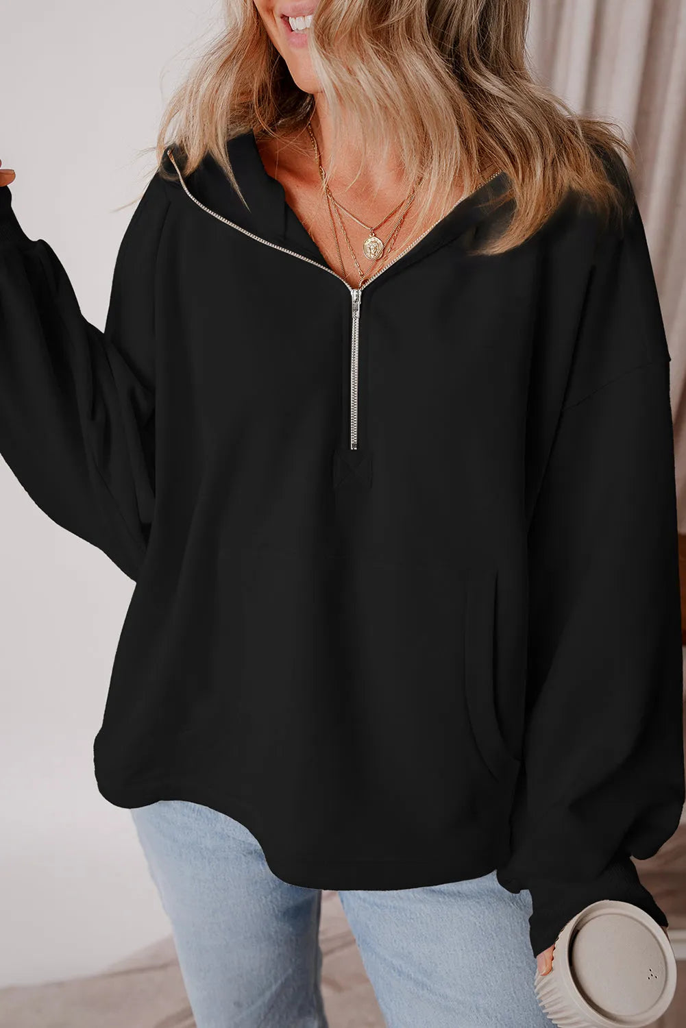 Black Fleece Lined Half Zipper Kangaroo Pockets Loose Hoodie - Chic Meadow Boutique 