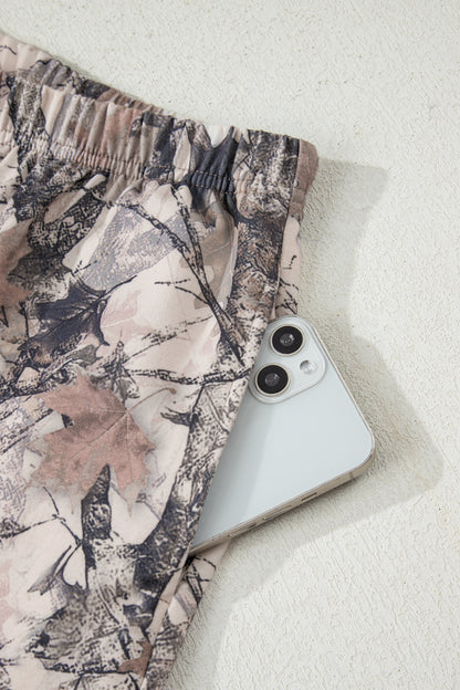 Khaki Woodland Camo Print Long Sleeve Top Casual Short Set