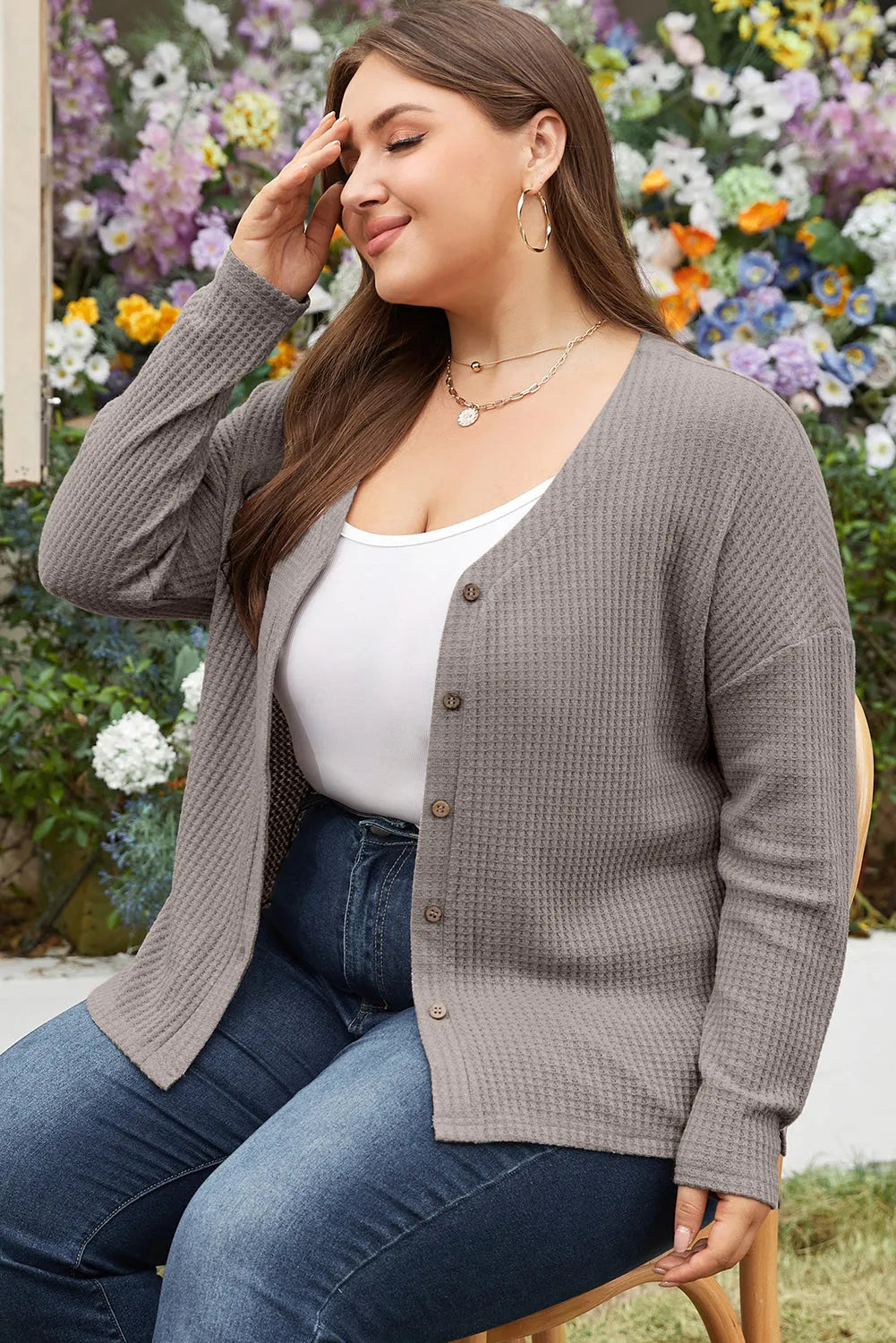 Simply Taupe Waffle Knit Drop Shoulder Button V Neck Plus Size Top - Chic Meadow Boutique 