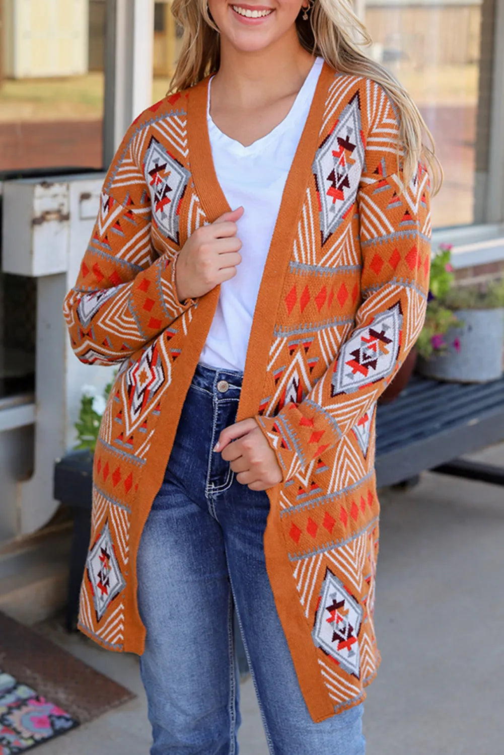 Brown Aztec Geometric Knit Open Front Cardigan - Chic Meadow Boutique 