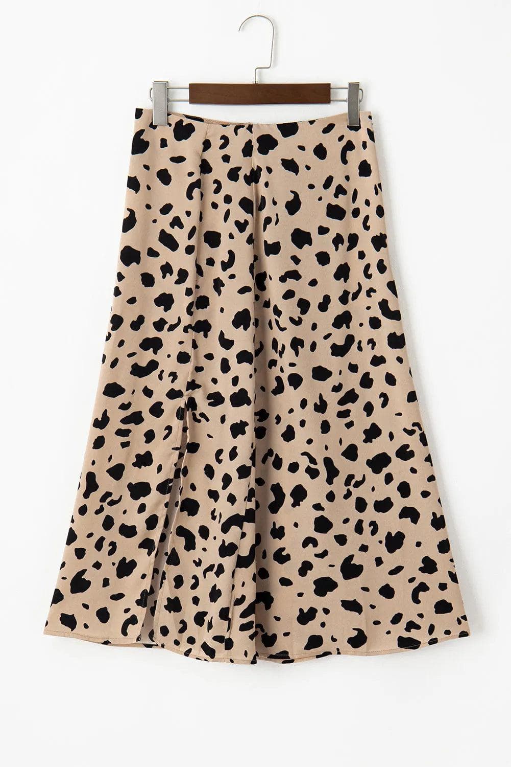 Bottoms/Skirts & Petticoat Khaki Leopard Spots Printed Split Hem Midi Skirt