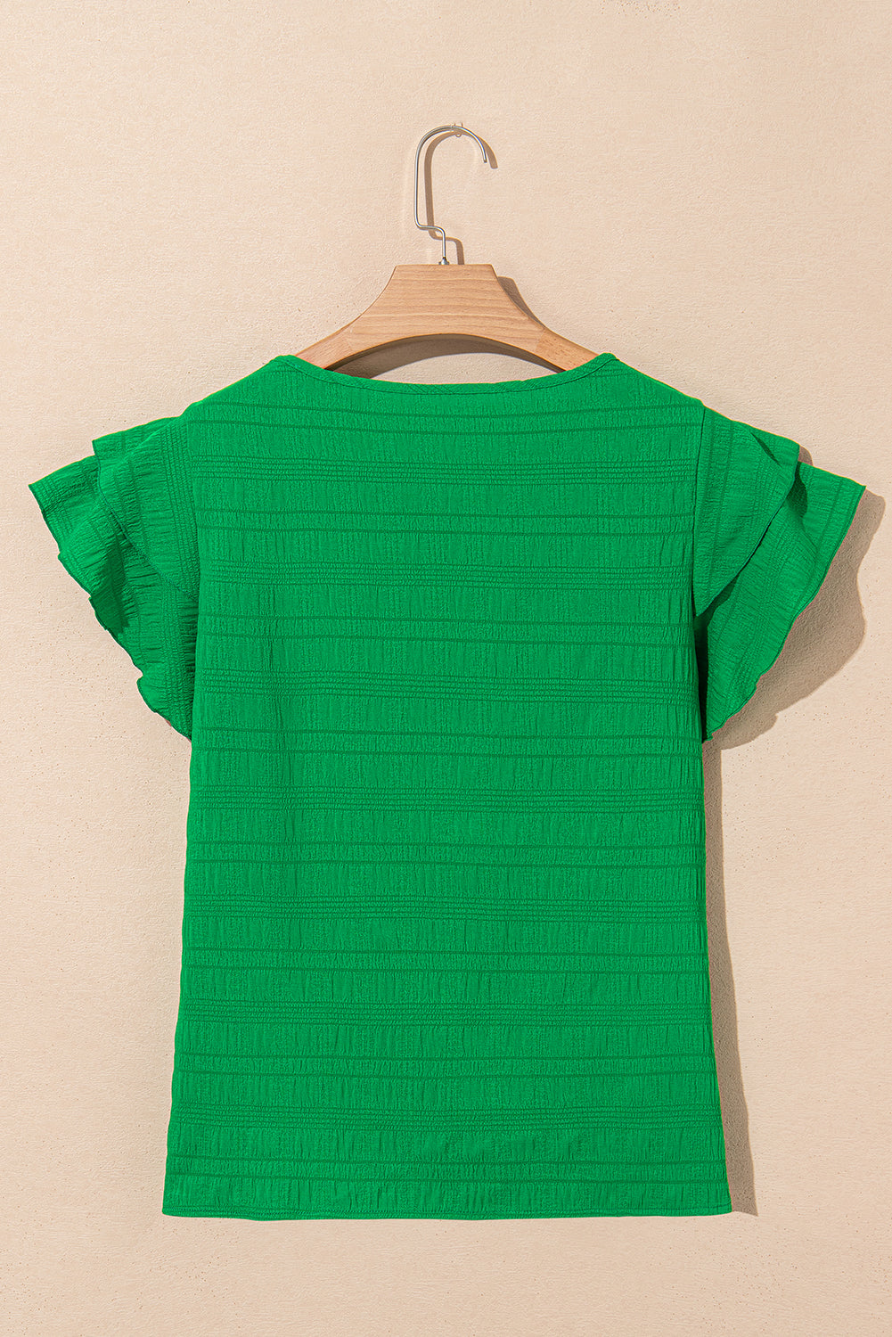 Dark Green Textured Ruffled Sleeve Round Neck Top