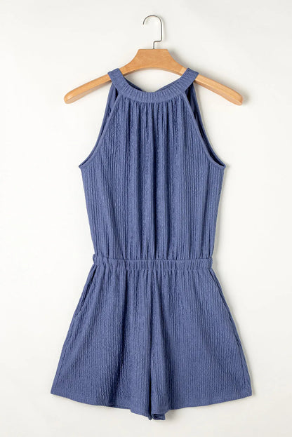 Bluing Knot Back High Neck Crinkle Textured Romper - Chic Meadow Boutique 