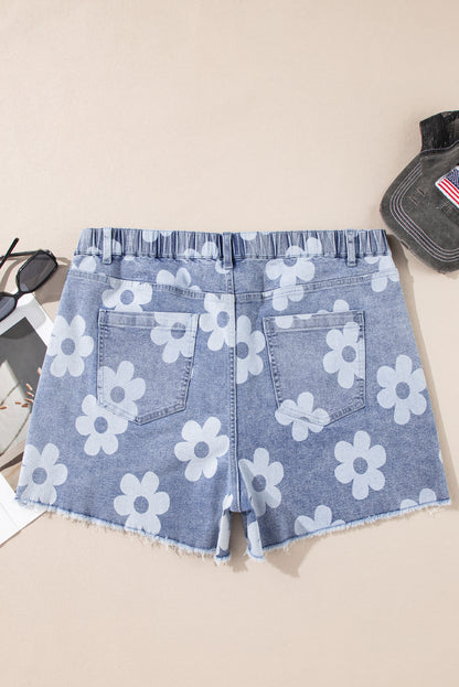 Ashleigh Blue Floral Pattern High Waist Raw Hem Plus Size Denim Shorts
