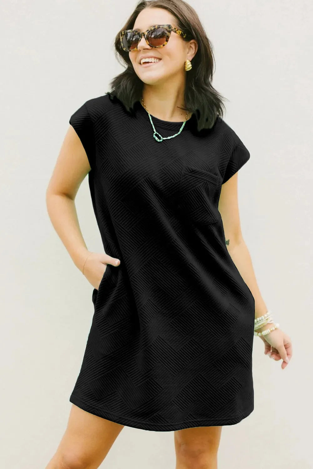 Black Textured Cap Sleeve T Shirt Dress - Chic Meadow Boutique 