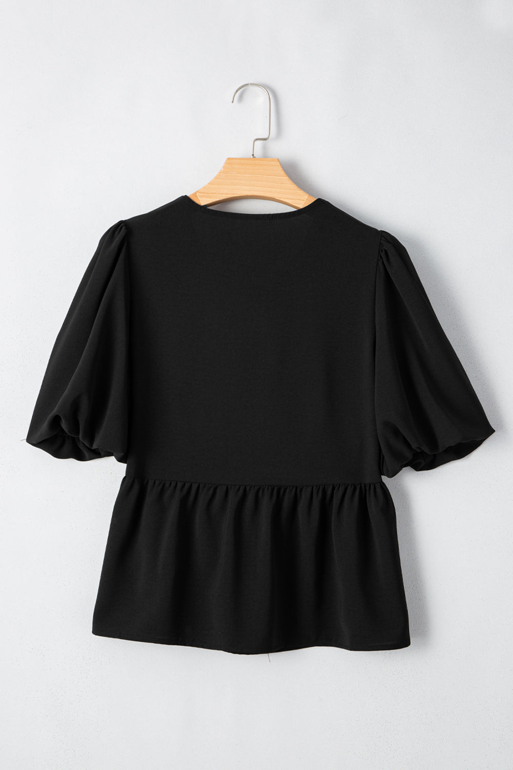 Black Puff Sleeve Bowknot Front Peplum Blouse