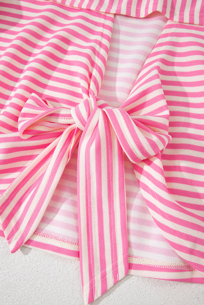 Pink Stripe Bowknot Cutout Back Drop Shoulder Wide Bracelet Sleeve Loose Tee