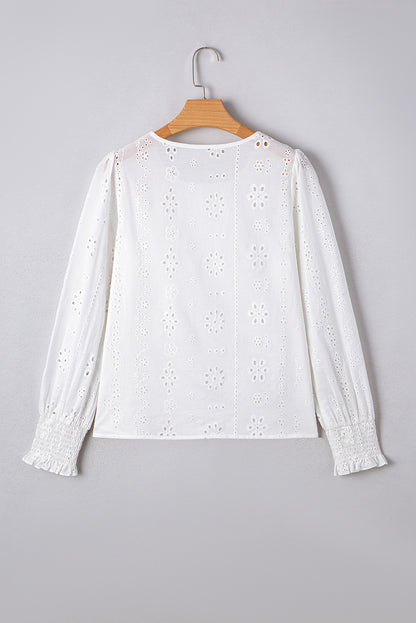 White Eyelet Embroidered Smocked Cuff Sheer Blouse
