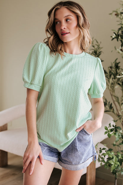 Mist Green Textured Round Neck Short Puff Sleeve Top