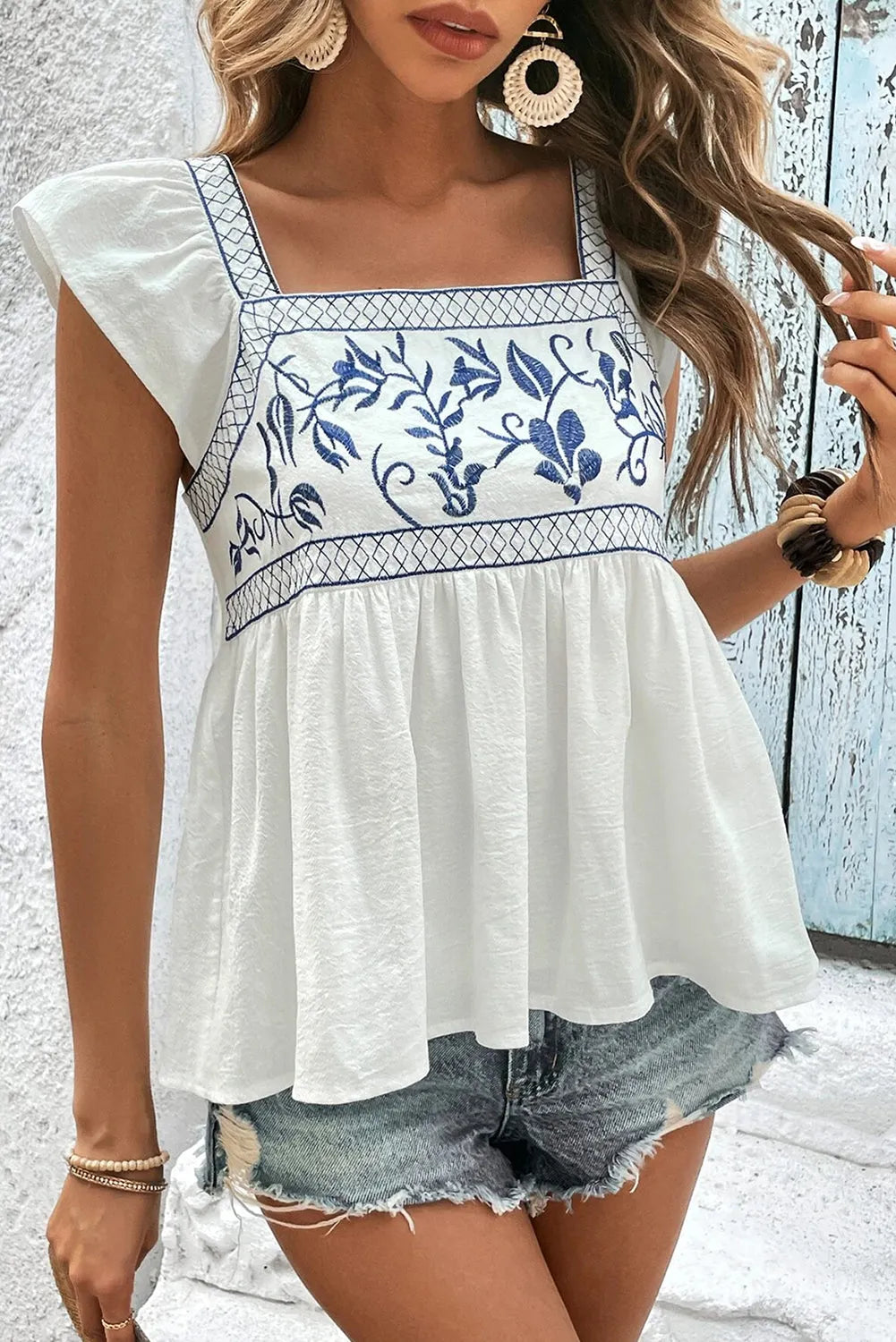 White Embroidered Bust Square Neck Peplum Blouse - Chic Meadow Boutique 