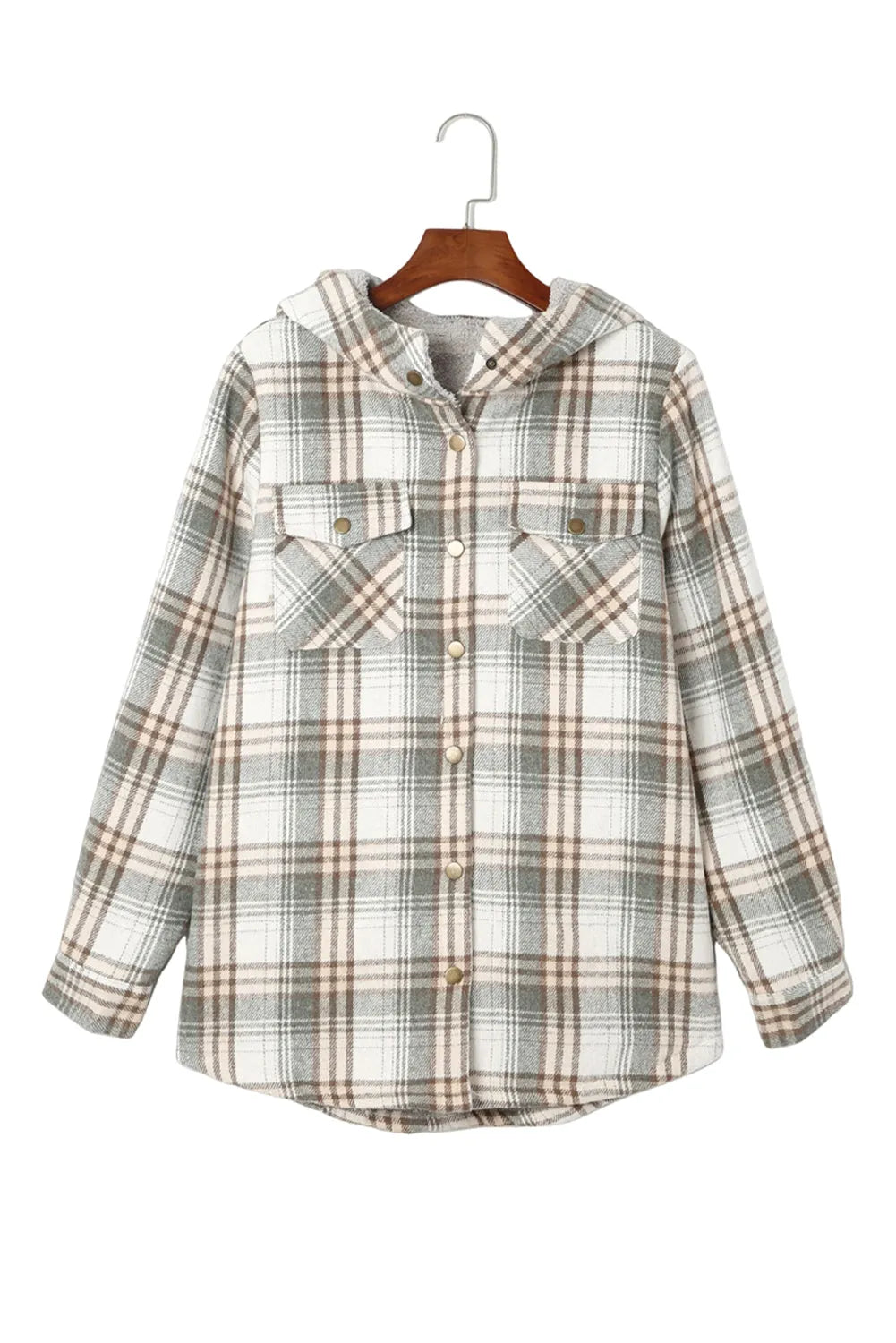 Gray Plaid Pattern Sherpa Lined Hooded Shacket - Chic Meadow Boutique 