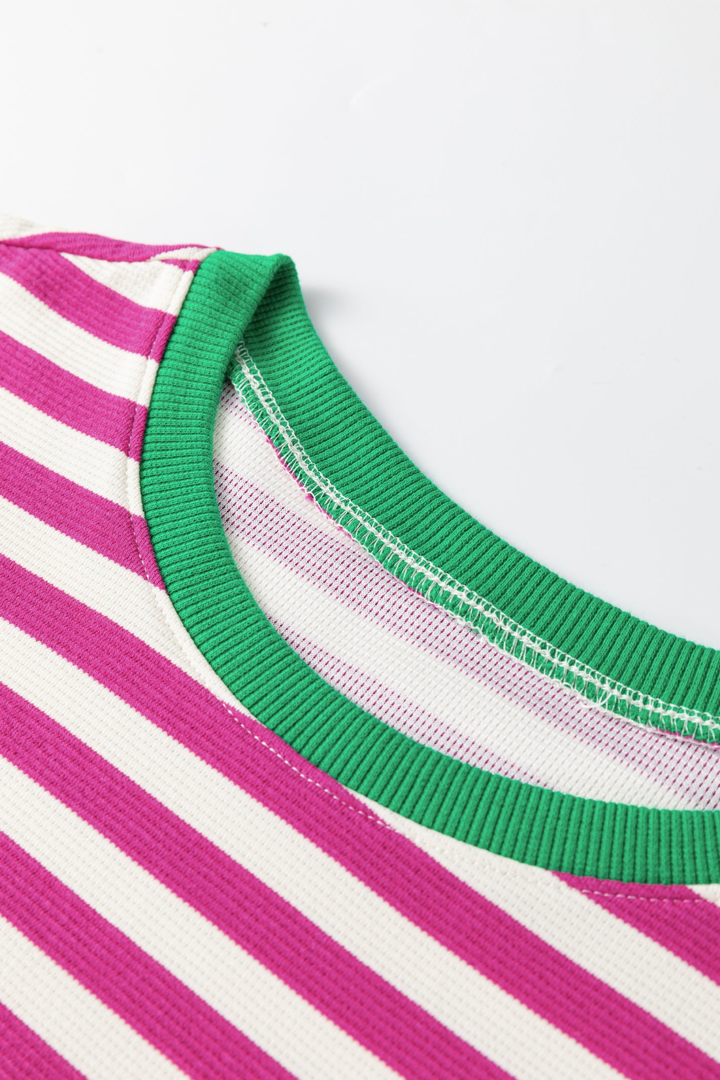 Rose Stripe Short Puff Sleeve Contrast Trim Round Neck Tee