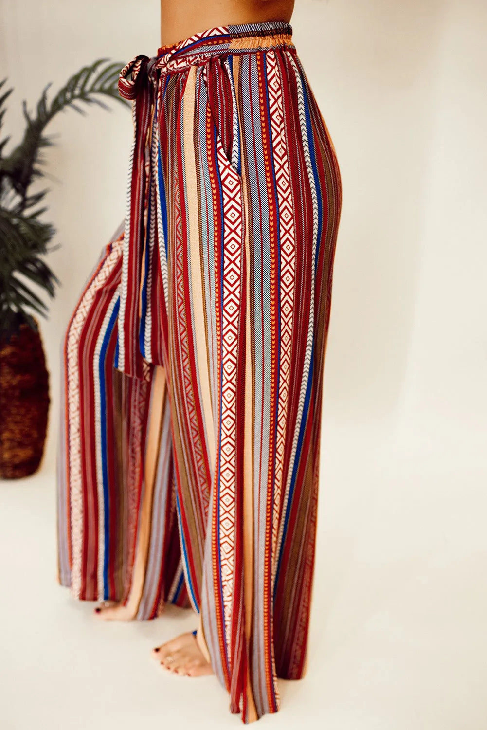 Red Boho Ethnic Striped Print Tie Waist Wide Leg Pants - Chic Meadow Boutique 