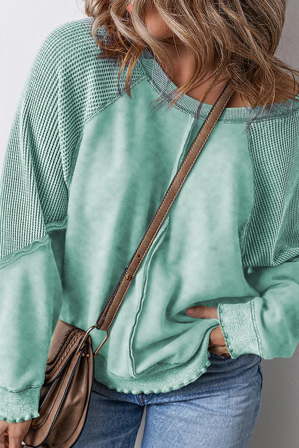 Mineral Blue Textured Patchwork Frilled Trim Plus Size Pullover Sweatshirt - Chic Meadow Boutique 